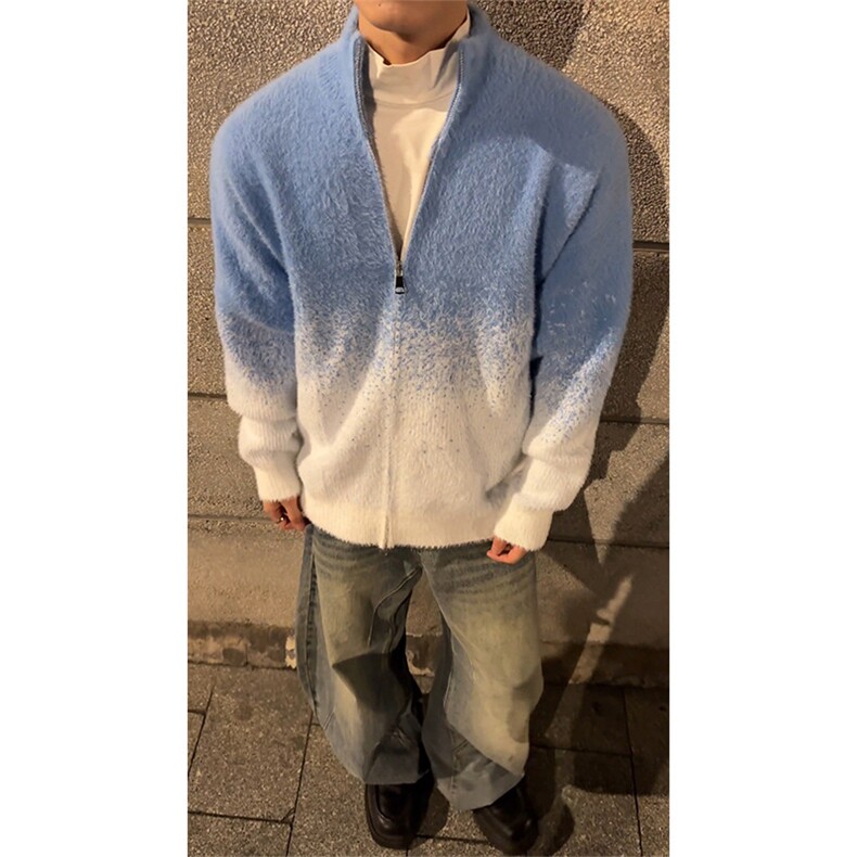 撞色开衫针织衫渐变仿貂毛保暖情侣男女款5Q3071-TP65118,男装针织衫/毛衣,电商A102
