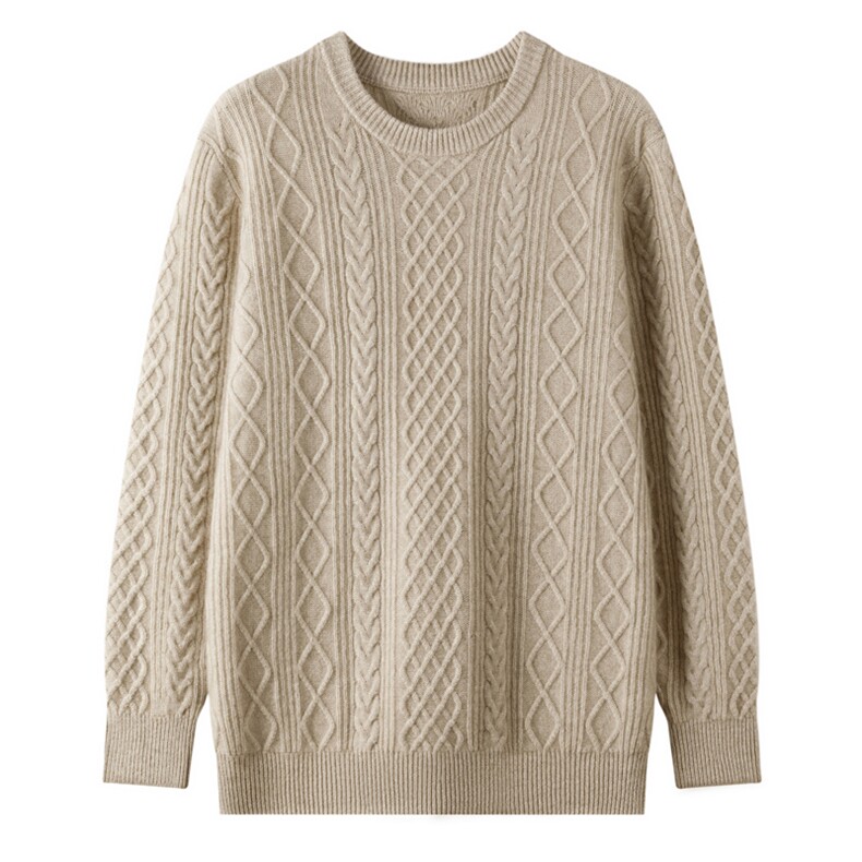 2025百搭时尚简约圆领长袖绞花羊绒衫，男装羊绒套衫，忠诺羊绒