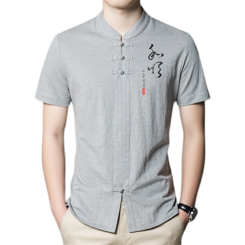 DW2150男式夏季新款短袖风复古衬衫牛津棉麻纯色青年唐装P53,男装T恤,电商B360