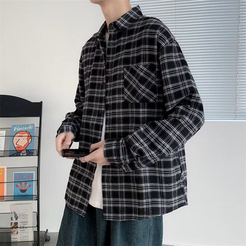 日系港风ins宽松格仔衬衣春夏百搭休闲衬衫外套-CS14,男装衬衫,星座1002-2