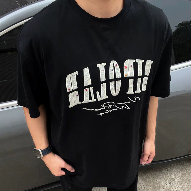 万针全刺绣工艺抖音得物高品质260克重磅纯棉双纱美式高街短袖T恤,男装T恤,电商A486-1