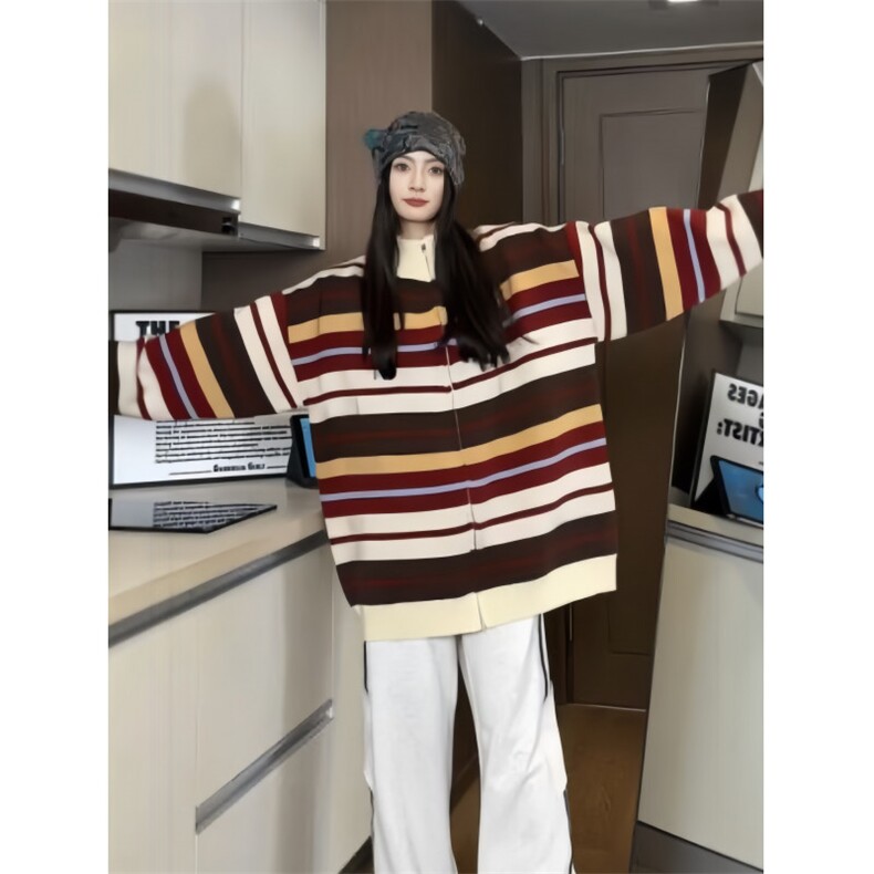 美式复古彩虹撞色针织衫青春情侣潮牌宽松外套毛衣XZ301A M01 P78图片