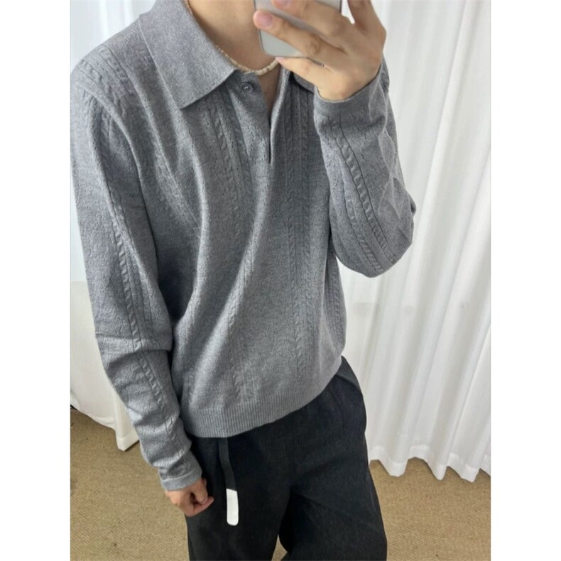 灰色提花麦穗纹针织Polo衫男秋季老钱风穿搭长袖t恤上衣MT119,男装T恤,星座1116A（原606A-3）