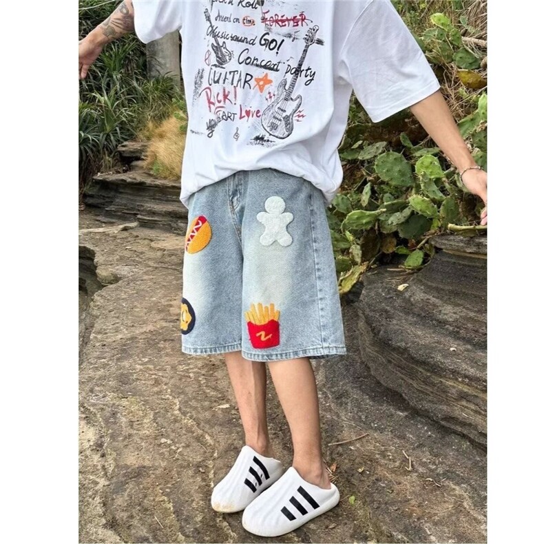 美式复古汉堡薯条毛巾绣牛仔短裤男夏季宽松高街阔腿五分裤ND100,男装牛仔裤,星座1116A（原606A-3）