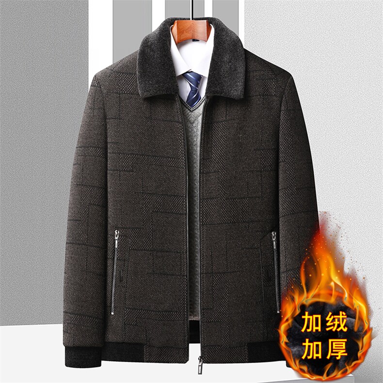 中老年男士加绒加厚毛领雪尼尔外套爸爸装商务休闲上衣翻领棉衣图片