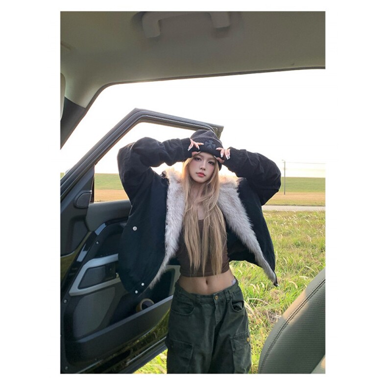 青少年美式复古小众设计感毛领连帽棉服棉衣男女短款冬季外套ins图片
