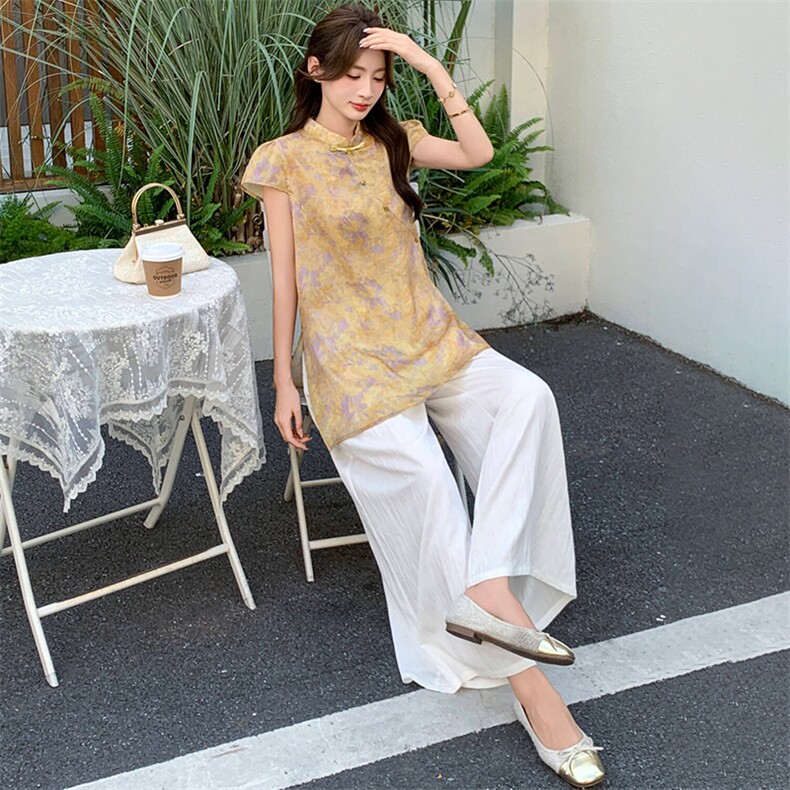 新中式g风套装女2026夏季流行复古印花盘扣旗袍上衣阔腿裤两件套,女装套装/套裙,超帛