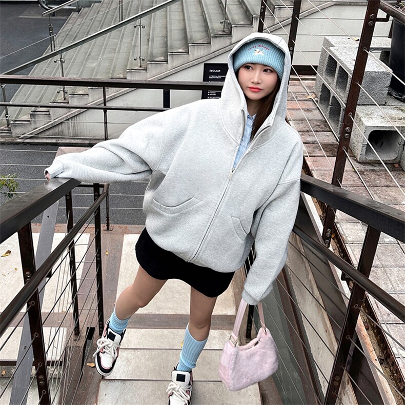 抖音得物高品质26春装美式高街重磅宽松结构高领连帽卫衣外套W60,女装短外套,电商A486