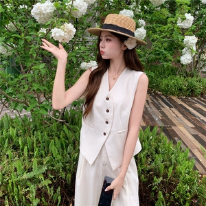 老钱风亚麻西装马甲阔腿两件套女2026新款夏季薄款透气高级感套装图片