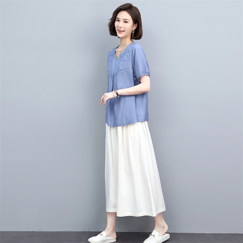 亚麻阔腿裤绣花套装女2022年新款夏季薄款中年妈妈两件套,女装套装/套裙,忆绮罗