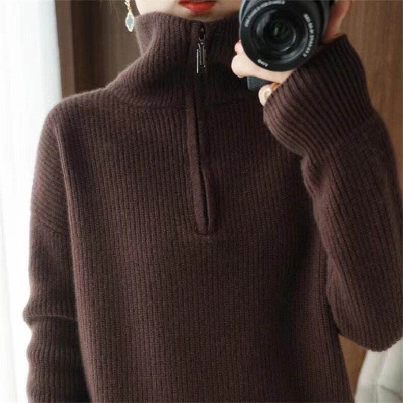 加厚羊毛针织衫半开拉链高翻领打底毛衣女秋冬显瘦短款上衣,针织衫/毛衣,萱芳婷羊绒