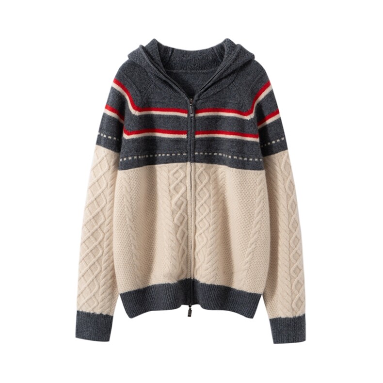 秋季新款针织连帽拉链开衫时尚百搭，女装羊绒衫，戎美山