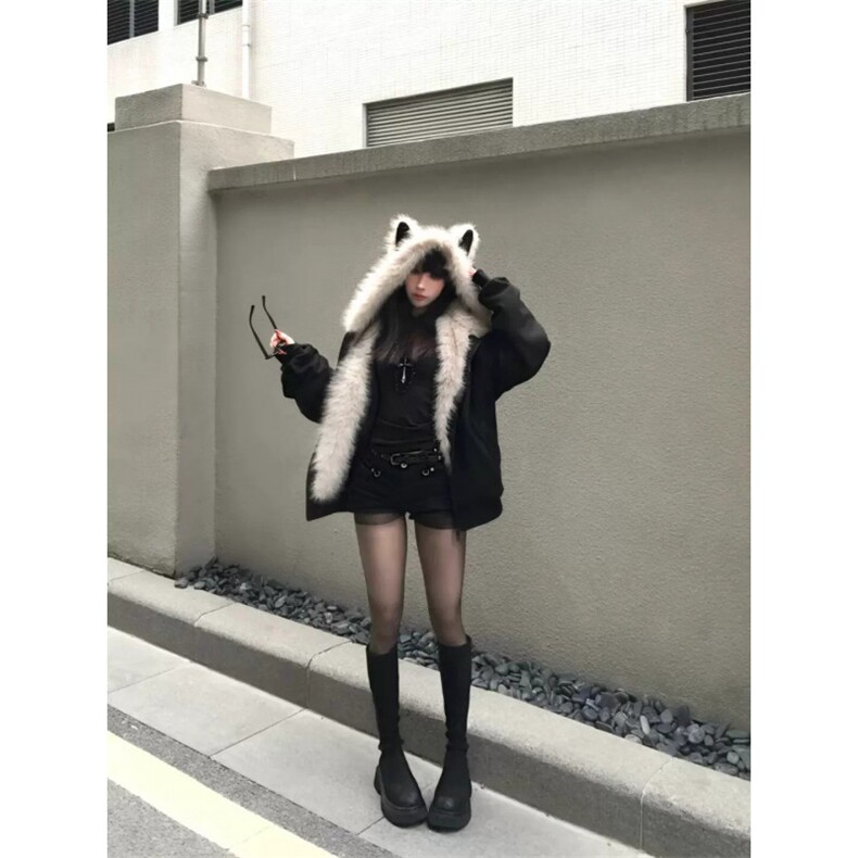 美式复古麂皮毛领座山雕外套女冬季新款设计感猫耳朵夹棉加厚棉衣,男装棉衣,电商A102