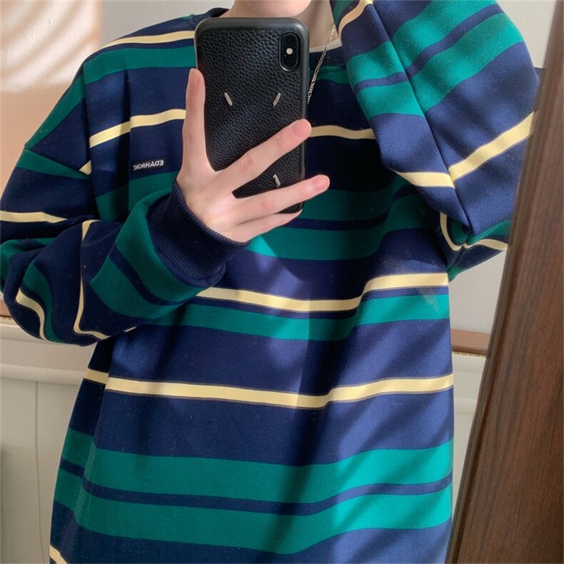 春秋季潮牌条纹卫衣男复古休闲拼色圆领套头学院风宽松A132/P52,男装卫衣,星座506