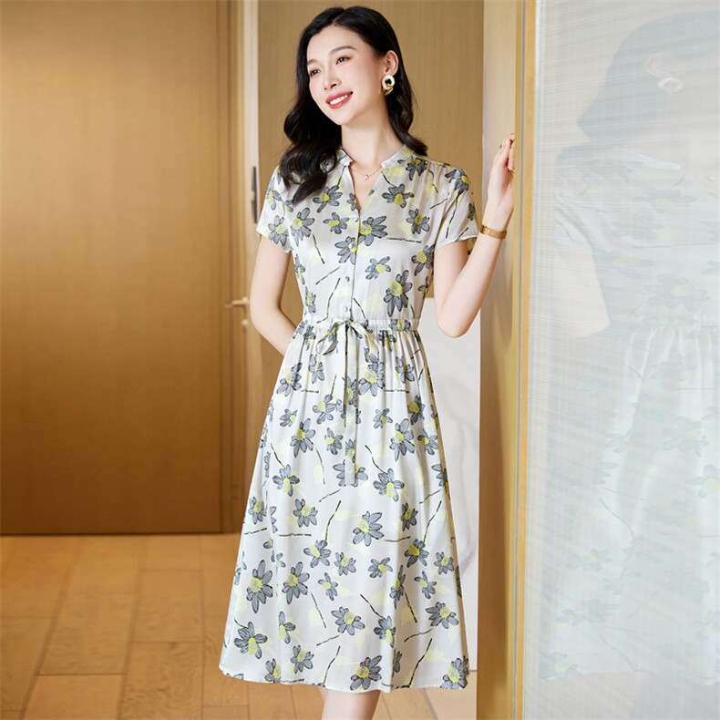 轻熟风印花真丝连衣裙女夏季2024新款大码遮肚子显瘦桑蚕丝裙子夏,女装连衣裙,阿舍尔精品