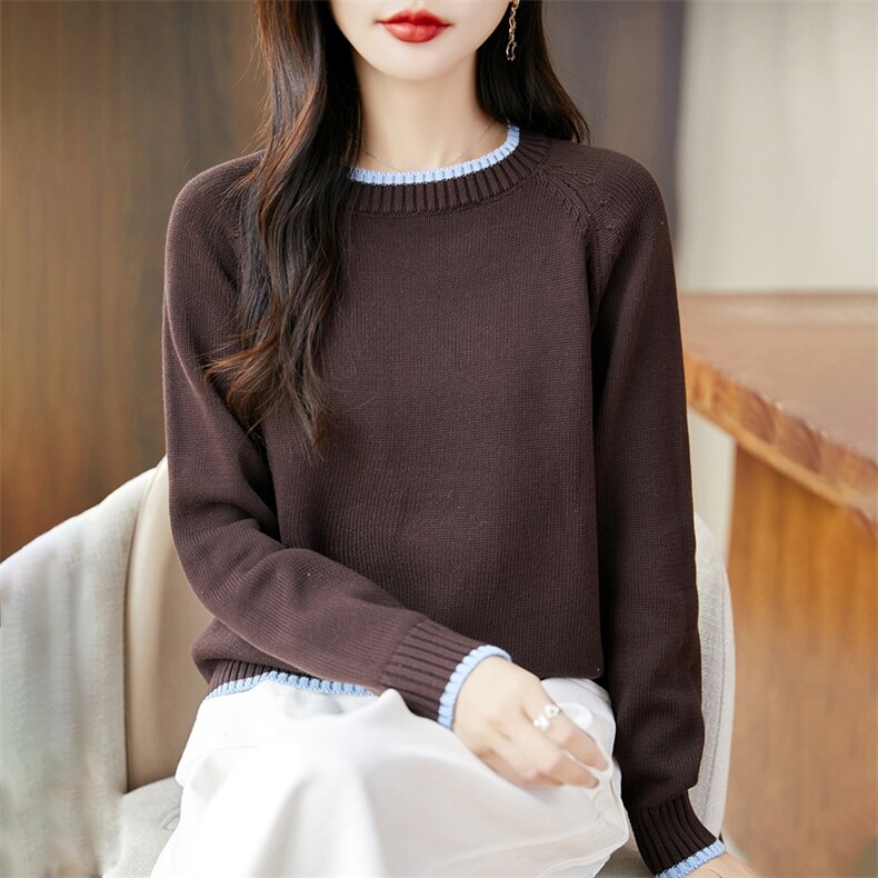法式撞色100纯棉针织打底衫女2025秋冬新款重磅加厚针织保暖毛衣,针织衫/毛衣,长今羊