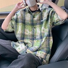 2026夏美式扎染刺绣格子短袖衬衫衬衣五分袖CS1805/特P35绿色，男装衬衫，电商A094
