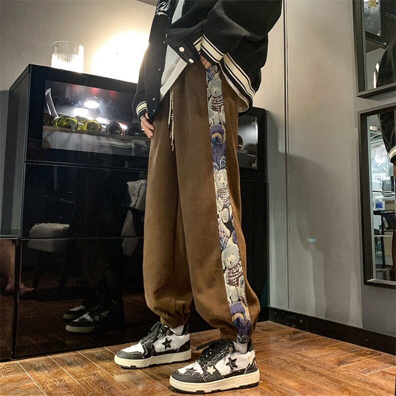 港风美式灯芯绒小熊刺绣ins束脚运动休闲裤XZ213-DK2003-P45控58,男装休闲裤,星座213