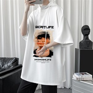 LD54213-P45 连帽短袖t恤男大码胖子带帽五分袖中袖图片