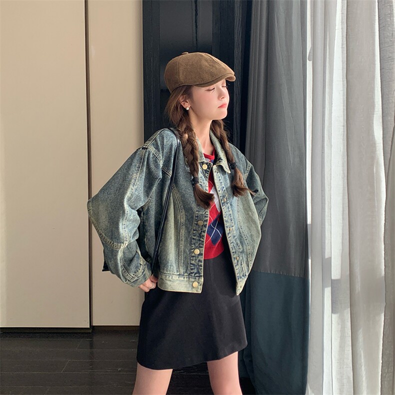 宽松慵懒风复古牛仔外套女2024春秋新款美式休闲显瘦工装夹克上衣,女装牛仔外套,纯色衣恋