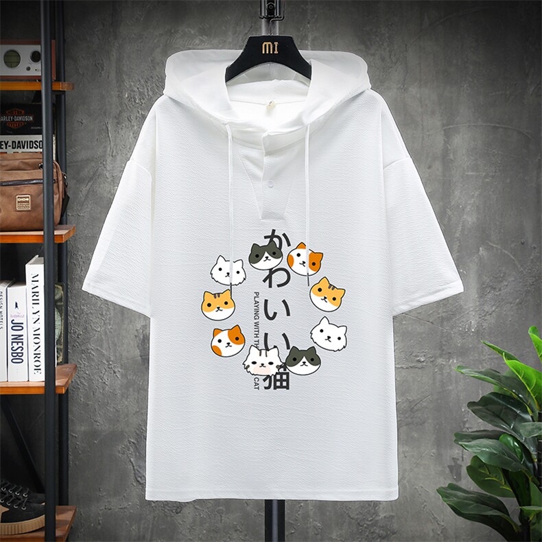 LD54215-P45 连帽短袖t恤男大码胖子带帽五分袖中袖 展架图片