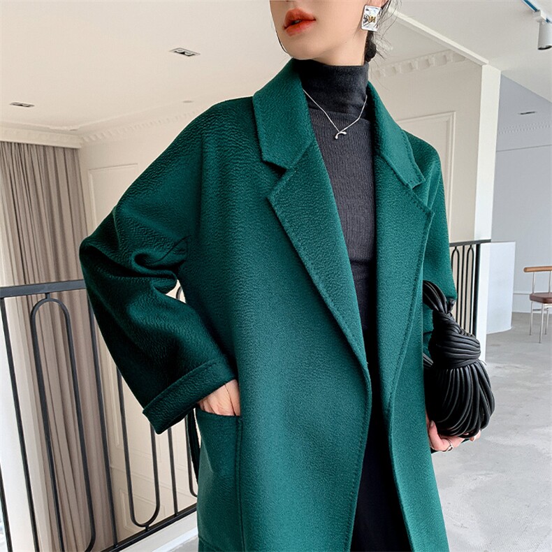 玫瑰紫高端水波纹双面羊绒大衣女长款系带浴袍款秋冬赫本毛呢外套,女装双面呢大衣,荣图大衣