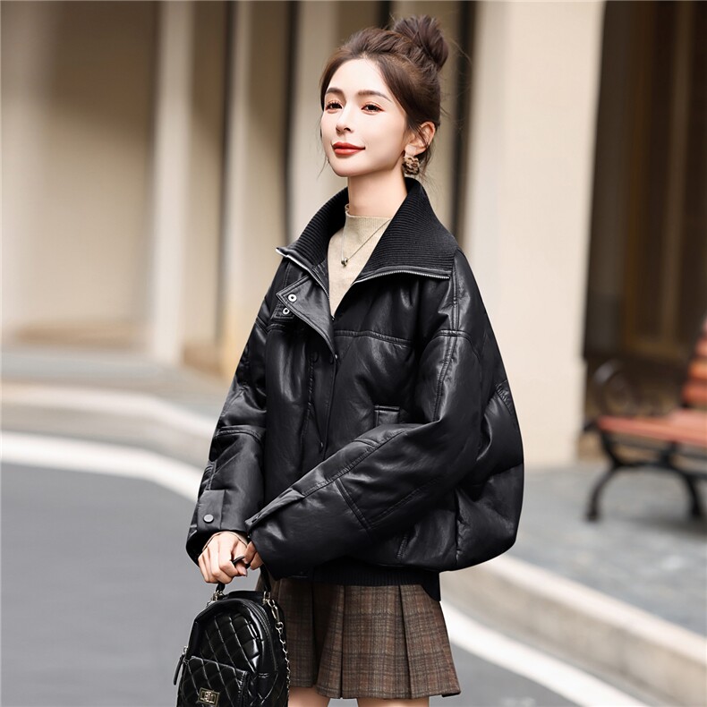 90绒时尚高潮流短款立领蛋白皮PU皮羽绒服外套女小个子冬季短外套,女装羽绒服,意芙
