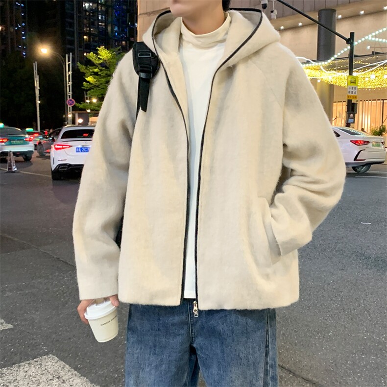 美式复古马海毛连帽男慵懒风高级感短款开衫针织夹克JK02563-P90图片