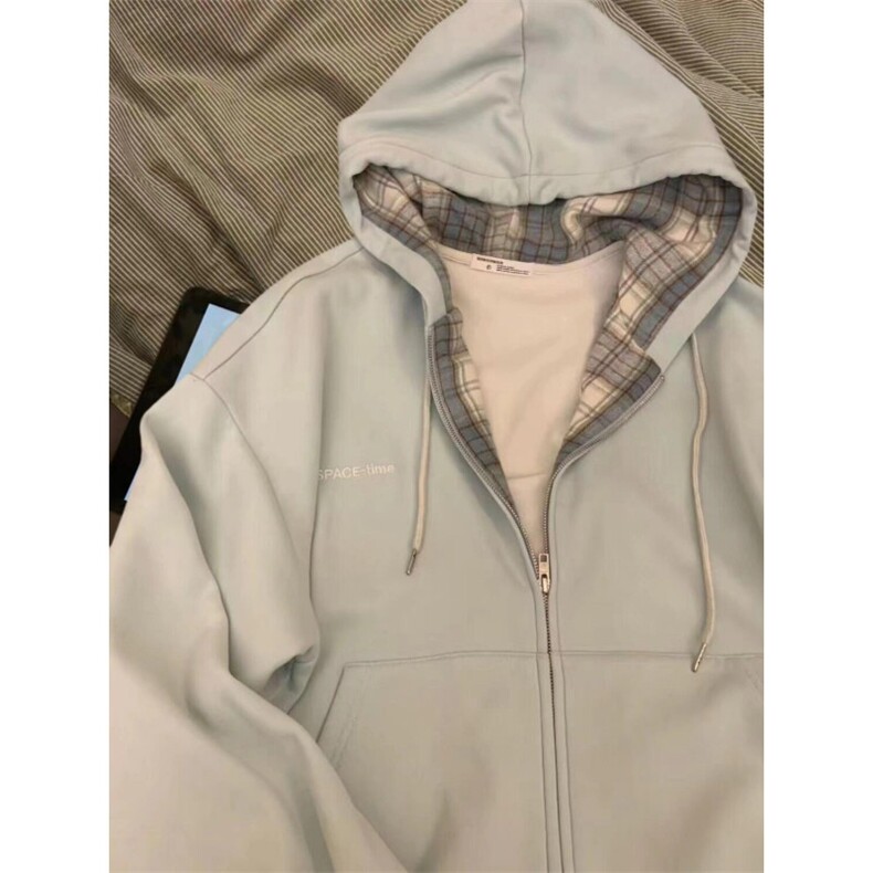 5278-P50美式复古格子拼接连帽卫衣外套薄款/加绒,女装卫衣/绒衫,星座617A-2