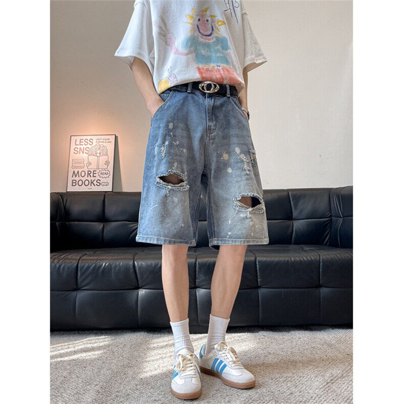 泼墨破洞高街牛仔短裤男女韩版潮流2025夏季ins五分裤RK2907-P43,男装牛仔裤,星座412-3