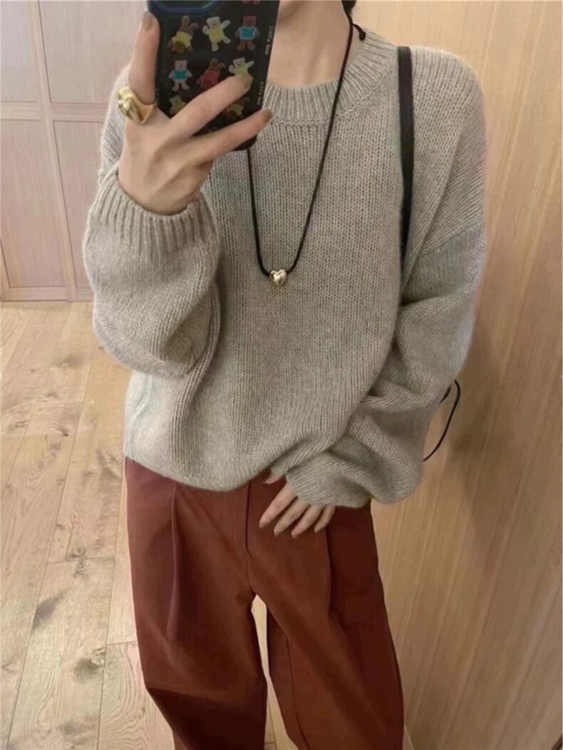 新款韩版宽松显瘦圆领套头针织毛衣女秋冬百搭软糯上衣，女装羊毛衫，思途羊绒