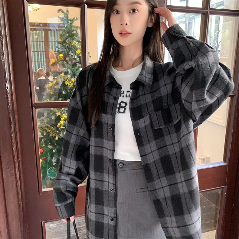 特批P32无差价2025春港风复古格子中性风长袖衬衫宽松衬衣男C5454,男装衬衫,电商A001-1