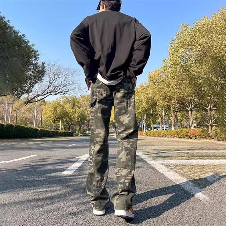 抖音得物美式复古迷彩微喇工装裤男款vibe高街裤子修身牛仔裤AK11,男装牛仔裤,电商A443