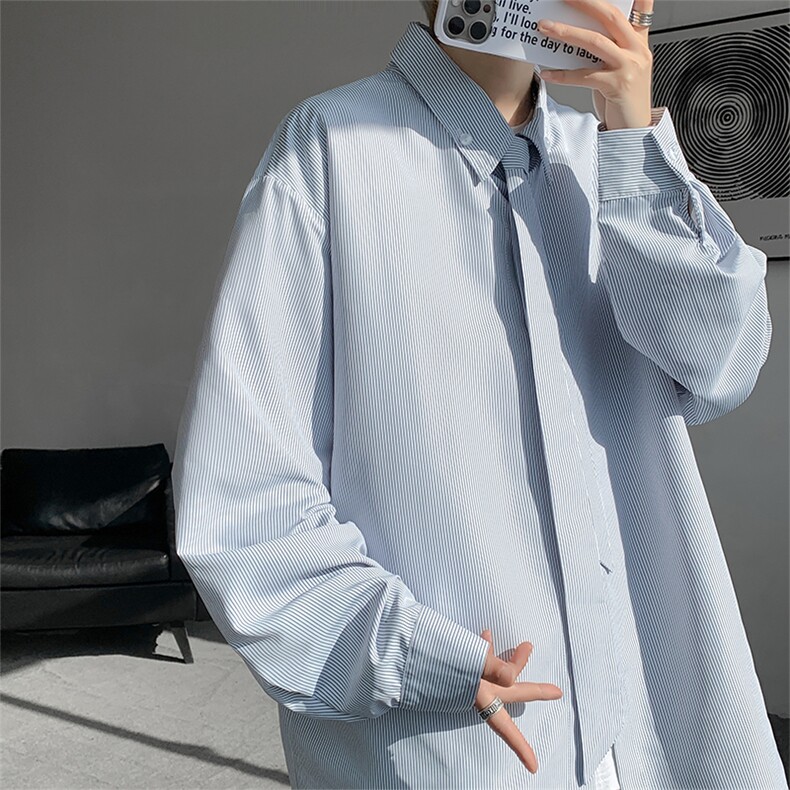 25年春夏新款学院风条纹衬衫搭配可拆卸领带条纹外套衬衫特P35，男装衬衫，电商B319