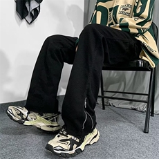 高街黑色牛仔裤男春秋美式宽松直筒拉链潮牌港风休闲裤K2631-P45，男装牛仔裤，星座412-3