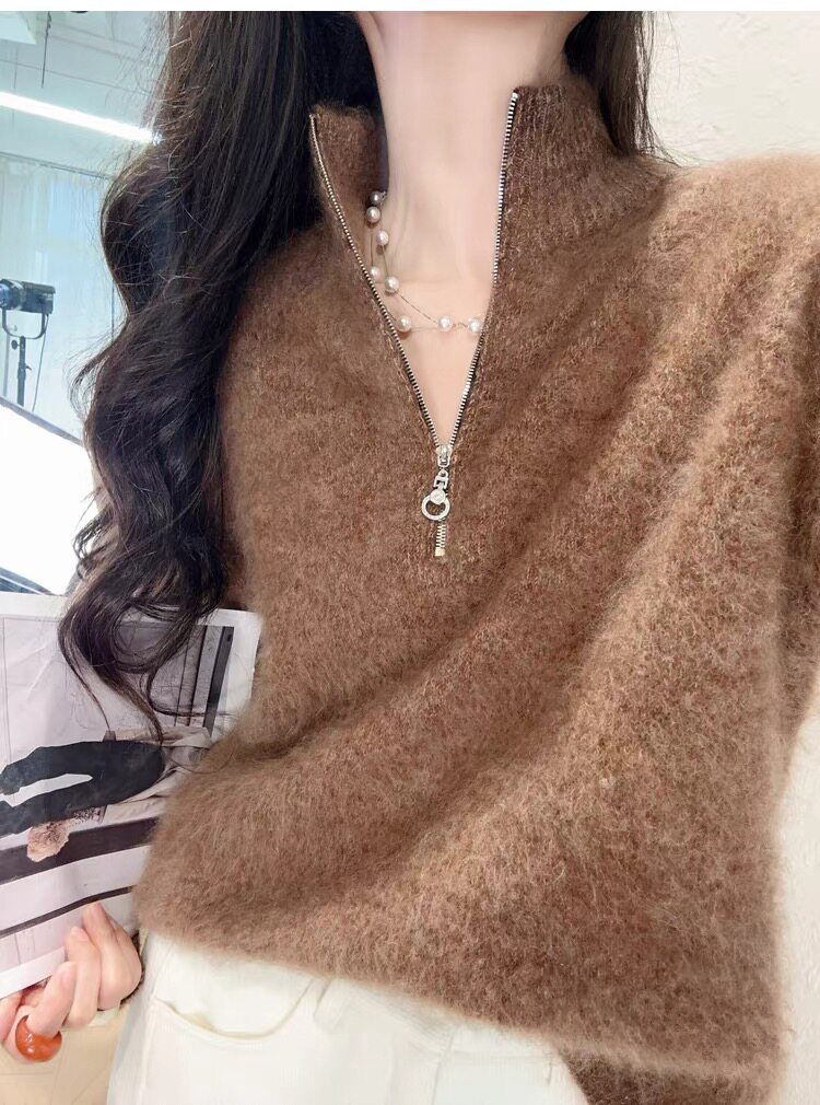 2025年秋季时尚百搭通勤简约休闲拉链花纱polo领，女装羊毛衫，晨旭羊绒