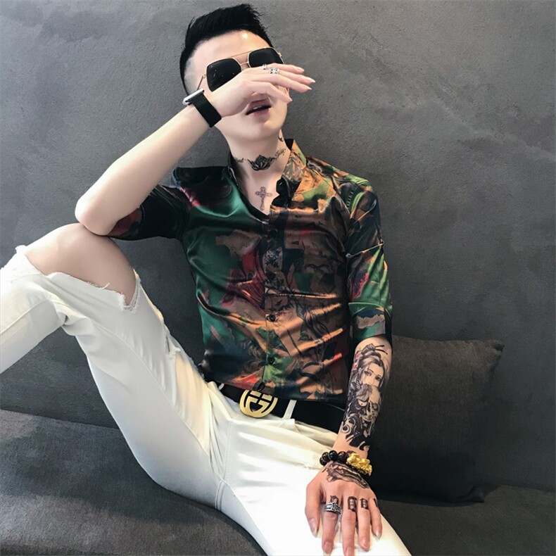 夏季男士七分袖印花衬衫男休闲修身碎花衬衣A236-352-P55,男装衬衫,电商A236