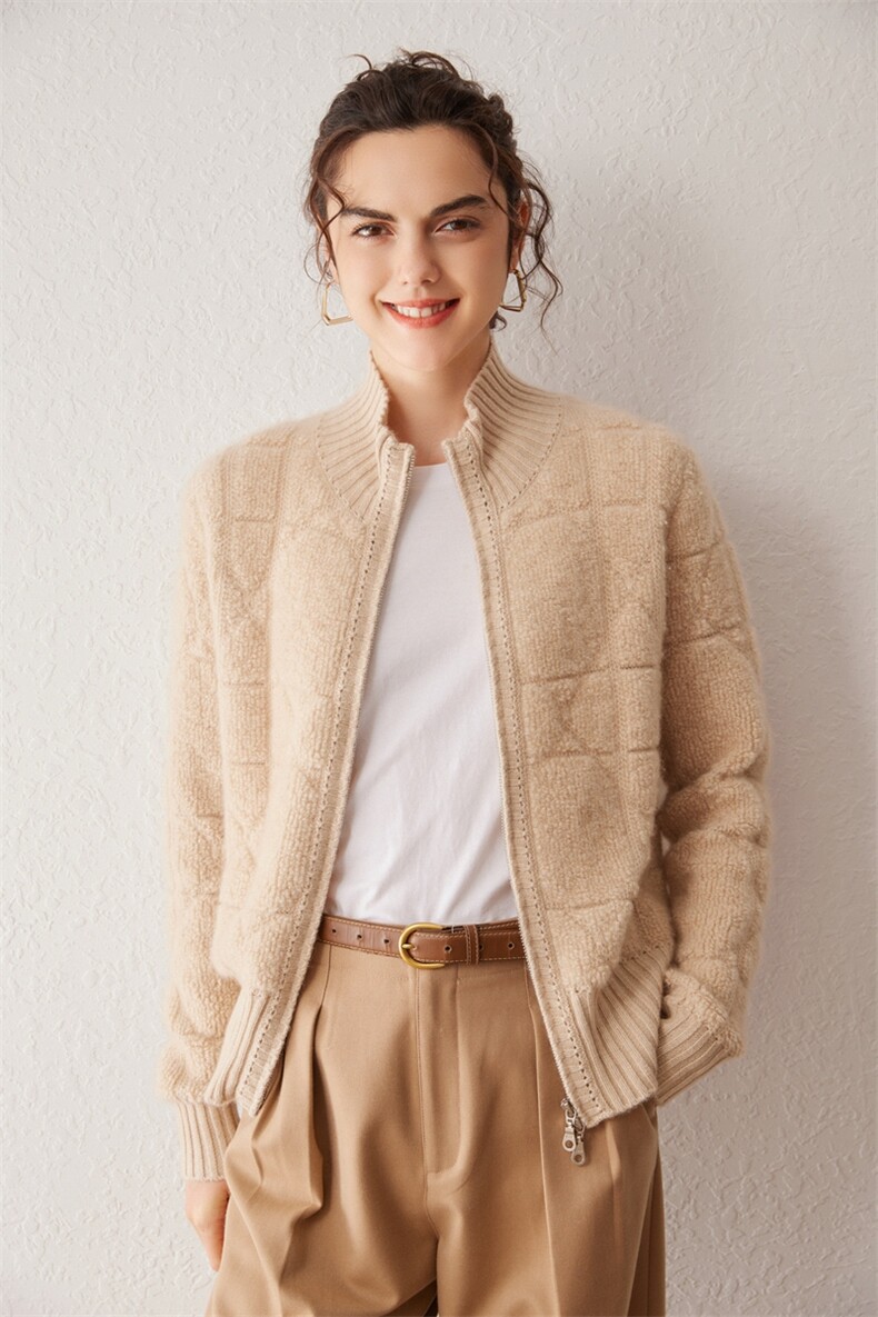 2025秋冬新款女羊绒衫100%纯羊绒半高领宽松加厚保暖针织开衫外套,女装羊绒衫,戎叶云台