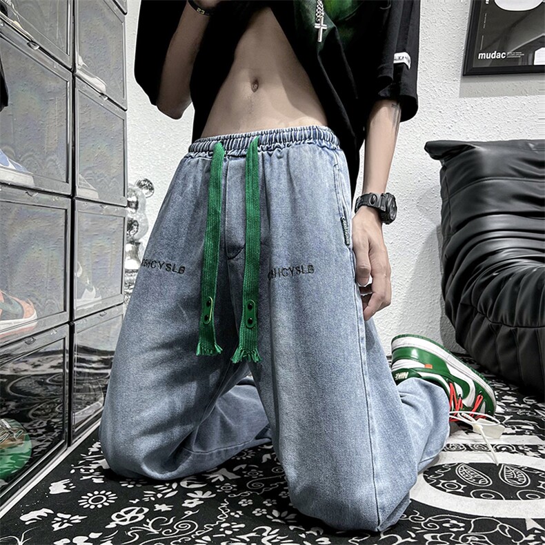 新款ins潮牌嘻哈炸街牛仔裤宽松直筒阔腿拖地长裤男女N5155-p45图片