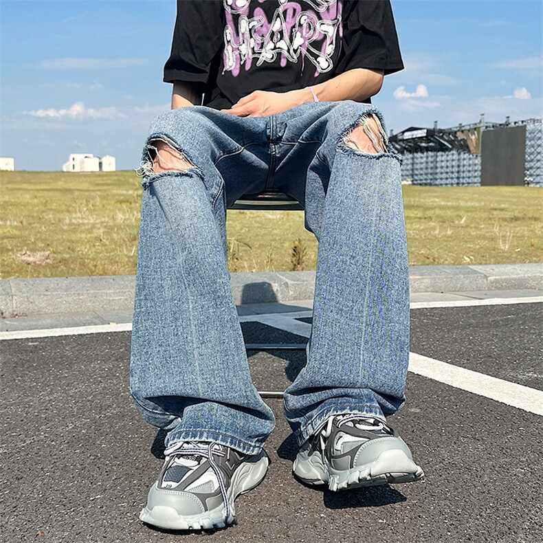 美式复古高街破洞水洗牛仔裤男女潮宽松直筒裤N0983-P48,男装牛仔裤,星座308B-1