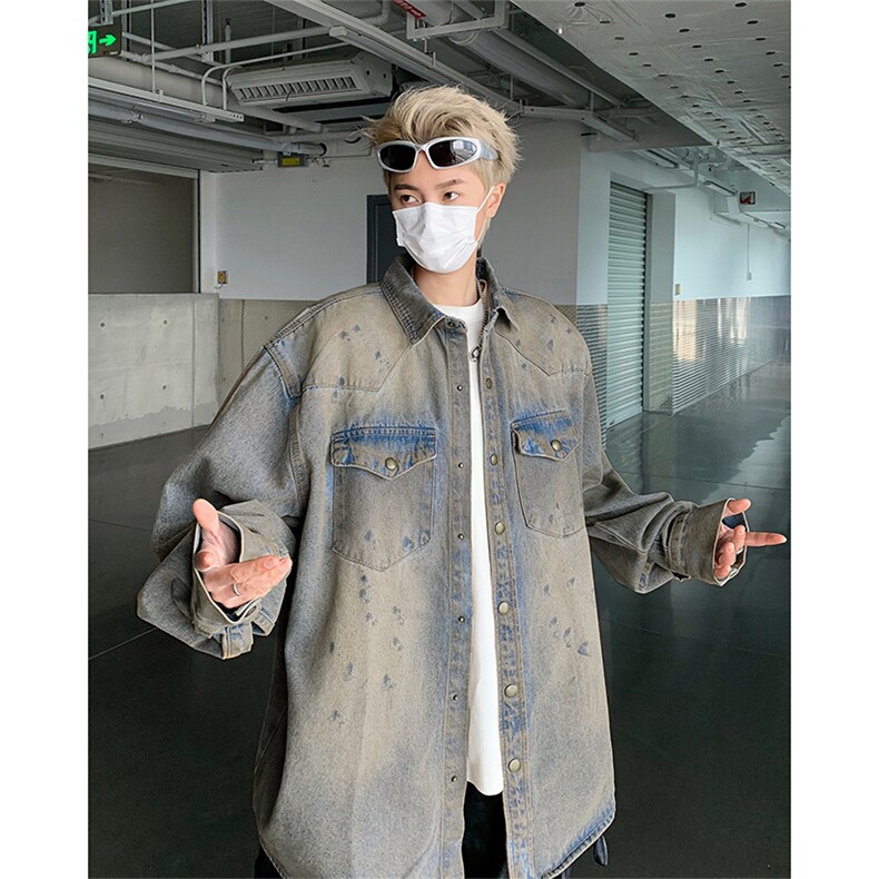 2025秋装复古蓝做旧牛仔衬衫废土风长袖衬衣情侣A025-Y40-P75,男装衬衫,电商A025