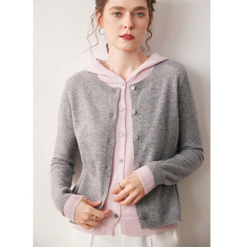 2025年秋季常规长袖舒适时尚百搭通勤假两件帽衫，女装针织衫/毛衣，宛咚羊绒