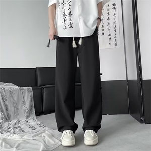 风盘扣褶皱裤子男装夏季新中式垂感宽松直筒休闲裤阔腿 K5501图片