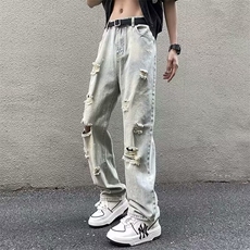 破洞水洗牛仔裤男款美式高街潮牌修身直筒裤子夏季薄款A7064-P42，男装牛仔裤，星座208-5