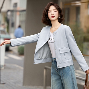2025春秋季新款高级感质感长袖短款圆领pu皮衣夹克欧美时尚外套女图片