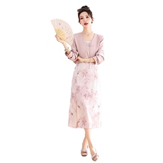 春季套装女高级感2026年新款修身轻G风新中式印花吊带裙两件套，女装套装/套裙，奕薇雅