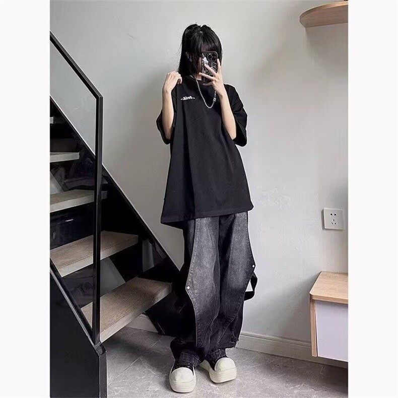 美式复古蓝工装牛仔裤男痞帅炸街设计感水洗做旧阔腿裤L88122-P55,男装牛仔裤,星座1008