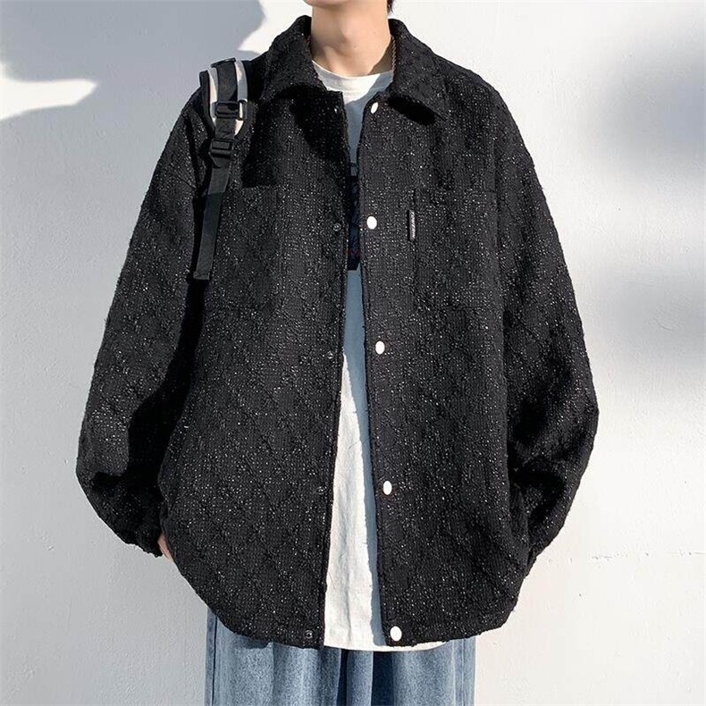 小香风格子外套男款春秋季美式复古潮牌翻领夹克青少年高级感上衣图片