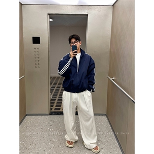 三条杠蓝色夹克男短款宽松运动风外套美式图片