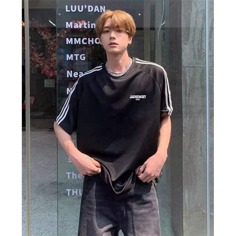 抖音得物高品质二开240克宽松纯棉美式潮牌三条杠织带短袖T恤，男装T恤，电商A486